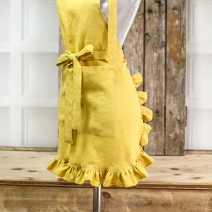 Linen apron with ruffles, ruffled linen kitchen dress, rustic linen apron with pockets, daily apron, vintage rustic bakery coffy apron