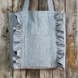 Ruffled tote bag from linen, linen shopping with ruffles custom color, with zipper and ruffles, linen lovely tote bag, image 5