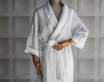 White waffle linen robe, natural linen kimono robe, soft white linen long robe, oversized dressing gown, washed linen bathrobe, wedding gown