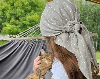 Linen headscarf, linen polka dots bandana, custom color linen triangle head wrap, natural linen triangle scarf, mustard pink yellow gingham