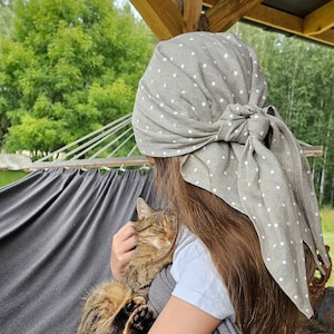 Linen headscarf, linen polka dots bandana, custom color linen triangle head wrap, natural linen triangle scarf, mustard pink yellow gingham