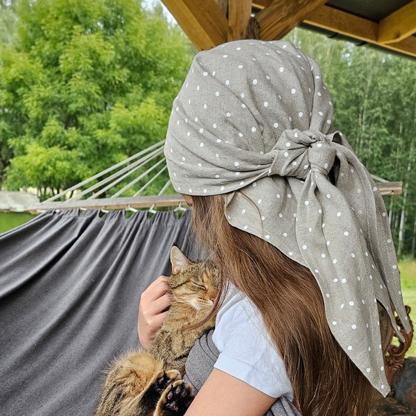 Linen headscarf, linen polka dots bandana, custom color linen triangle head wrap, natural linen triangle scarf, mustard pink yellow gingham