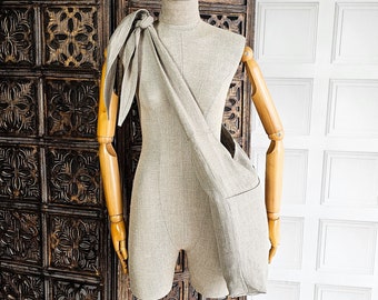 Linen Tsuno Tote Bag, rough linen shoulder bag, Raw linen crossbody tote bag, ribbon knot tote bag, Japanese inspired shopping tote, vintage