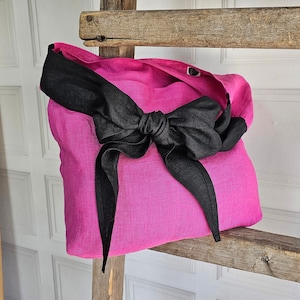 Linen tote with bow, Tsuno bag, custom color linen tote bag, reusable storage black knot bag, shoulder tote, fuchsia black cross body  bag