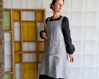 Crossed back linen apron, striped linen apron, no ties washed linen apron, stonewashed cross over linen apron, pinafore garden bib apron