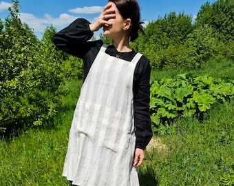 Striped cross back linen apron, japan style linen apron, no ties washed linen pinafore apron, stonewashed cross over linen apron