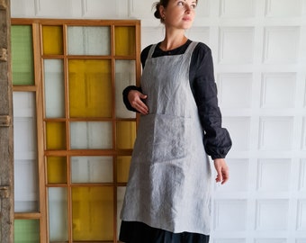 Japanese striped linen apron, Cross back linen apron, no ties washed linen apron, stripes cross over linen apron, pinafore garden apron