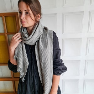 Long striped linen scarf, softened linen unisex scarf, long linen striped scarves, linen fringed scarf for men linen striped scarf for women