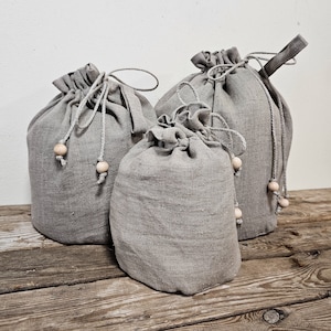 Linen storage bag with round bottom, laundry toys drawstring bag, Natural stonewashed raw rustic linen reusable grain sack style storage bag