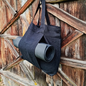 Yogatasche aus schwarzem Leinen, Yogatasche aus rohem Leinen mit Tasche für Yogamatte, Jutebeutel, große Yogatasche, Strandtasche aus Leinen, rustikale Tasche mit großer Tasche
