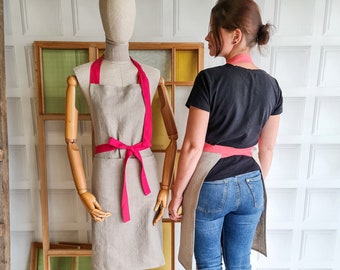Linen apron with custom color ties, heavy linen apron, washed linen apron, raw rustic linen apron, garden apron