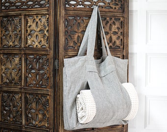 Sac de yoga en lin rayé, sac fourre-tout en lin lavé à la pierre avec poche de tapis de yoga, grand sac de yoga en toile de jute, sac de plage en lin, sac fourre-tout rustique avec grande poche