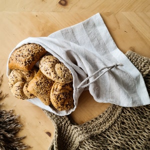 Striped linen bread bag, rough linen bag, bread loaf bag, reusable kitchen bag, vegan bag, organic food bag, drawstring linen storage bag image 1