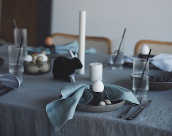 Linen tablecloth with wide hem and mitered corners, washed linen dinner tablecloth - custom color linen - blue grey green pink sand yellow