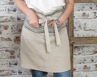 Rough linen bistro apron, burlap linen  half apron, grain sack linen apron with pockets, daily washed linen vintage rustic man woman apron