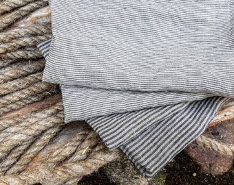 Set of 4 striped linen kitchen towels, washed linen tea towel, organic grey black towel, stonewashed linen towel, gray linen vegan towel