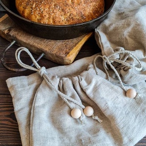 Saco de linho com detalhes de contas de madeira, saco de pão de linho cru, saco de armazenamento de alimentos com cordão, saco de linho grosso pesado, saco de linho reutilizável
