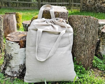 Linen drawstring shopping bag, natural linen tote bag, big tote bag, big shopping bag, large linen beach bag, rustic tote bag with pockets