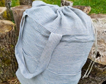 Blue drawstring tote bag, striped linen large laundry tote bag, big shopping bag, oversized linen beach bag, rustic tote with pockets