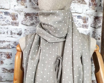 Polka dots linen scarf, beige with white dots stonewashed linen unisex scarf, linen fringed scarf for men, linen scarf for women
