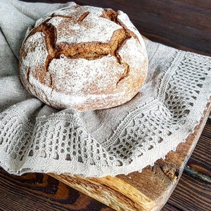 Rustic linen kitchen towels with laces, raw linen tea towel with lace, undyed natural beige linen dining towel, heavy linen kitchen towel