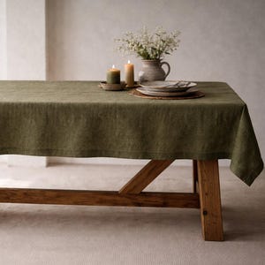 Green 100% Linen Tablecloth, Rustic Farmhouse Natural Linen Dining Table Cover, Custom Size, many colors to choose from image 3