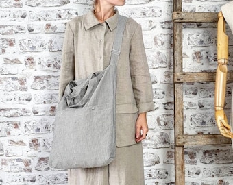 Striped linen shopping bag, natural burlap linen tote bag, shoulder cross body market bag, beach bag, rustic messenger tote bag with pockets
