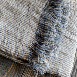 Washed linen striped blanket, softened blue beige linen blanket, striped linen throw, linen beach wrap, linen throw, striped linen cover