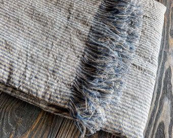 Washed linen striped blanket, softened blue beige linen blanket, striped linen throw, linen beach wrap, linen throw, striped linen cover