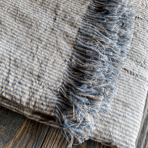 Washed Linen Striped Blanket Softened Blue Beige Linen Etsy