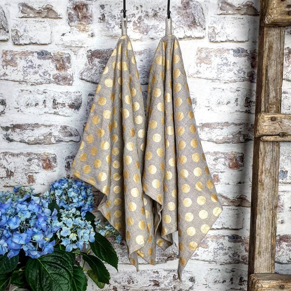 Linen kitchen towel, natural stonewashed gold linen tea towel, organic beige golden dots linen towel, linen vegan towel dishtowel