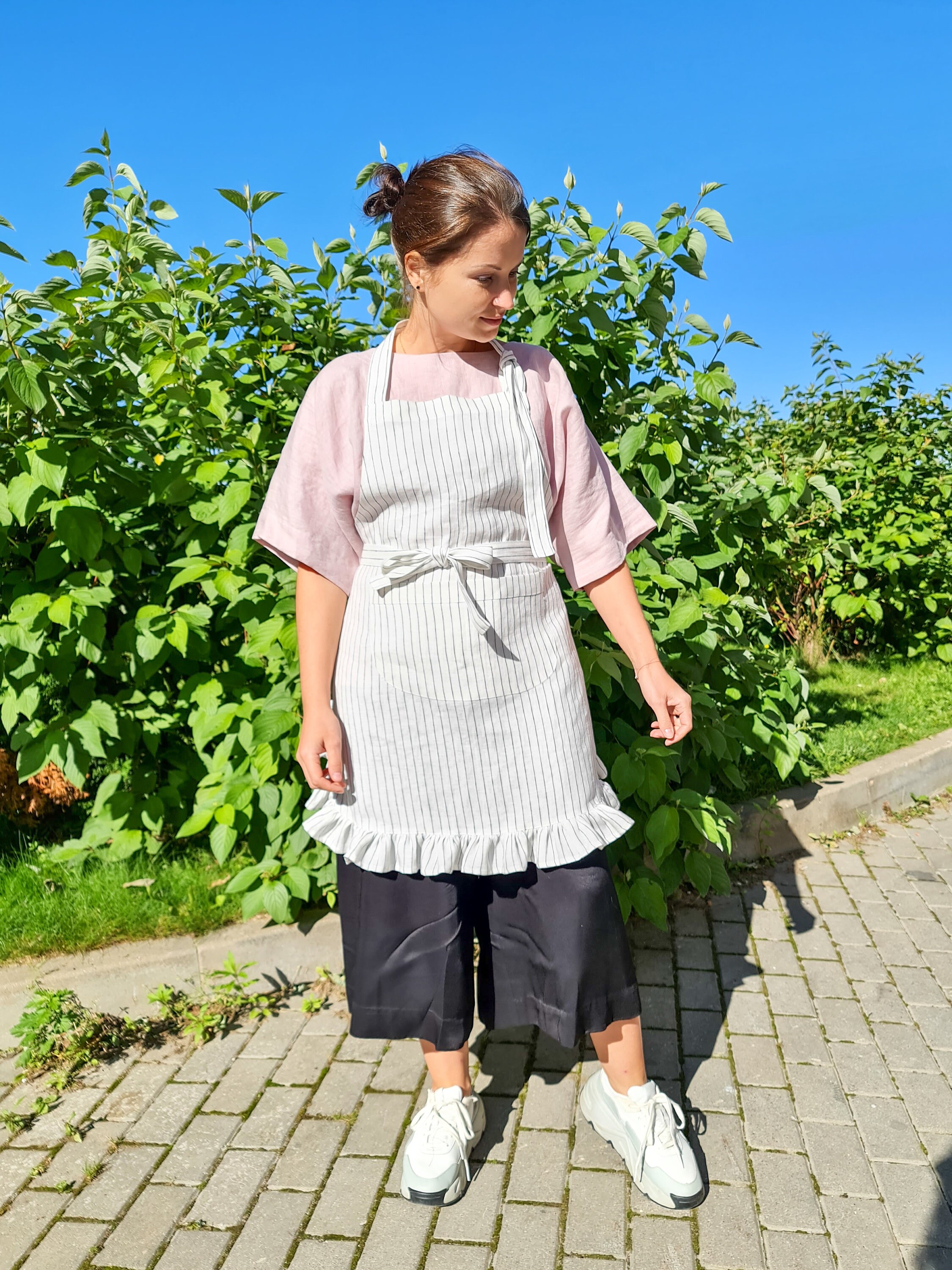 Linen Apron With Ruffles, Ruffled Linen Kitchen Dress