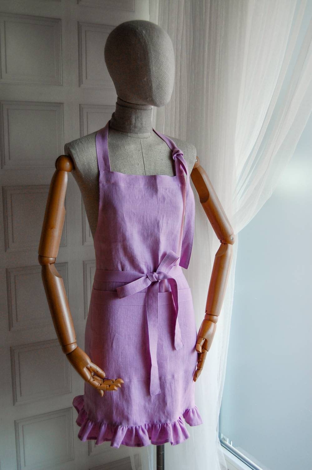 Linen Apron With Ruffles, Ruffled Linen Kitchen Dress