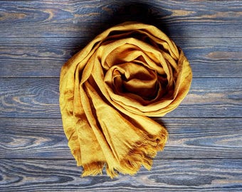 Écharpe longue en lin jaune, écharpe unisexe en lin moutarde, écharpe brillante en lin long, foulard en lin pour homme, foulard en lin pour femme, châle en lin véritable