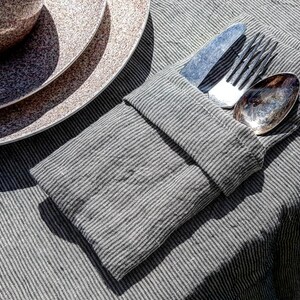 Washed striped linen tablecloth wide hem mitered corners, stonewashed farmhouse tablecloth wit stripes, wedding table decor, dining decor image 4