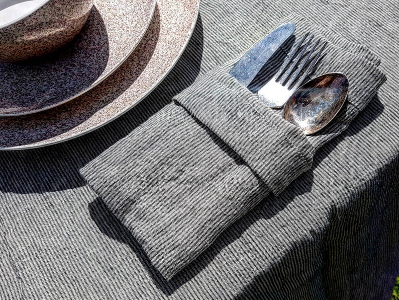 Washed striped linen tablecloth wide hem mitered corners, stonewashed farmhouse tablecloth wit stripes, wedding table decor, dining decor image 4
