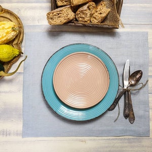 Linen placemats set many COLORS off white beige gray denim blue black dusty pink soft stonewashed table placemats wide edge mitered corners