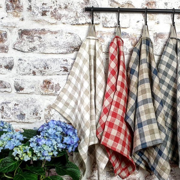 Checked linen kitchen towel, natural washed linen tea towels, organic beige blue red white linen towel, linen vegan towel, linen dishtowel