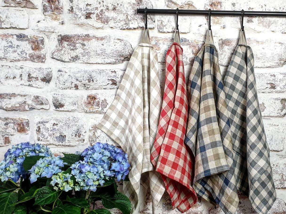 Checked linen kitchen towel, natural washed linen tea towels, organic beige blue red white linen towel, linen vegan towel, linen dishtowel