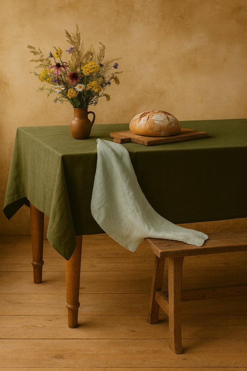 Green 100% Linen Tablecloth, Rustic Farmhouse Natural Linen Dining Table Cover, Custom Size, many colors to choose from image 13