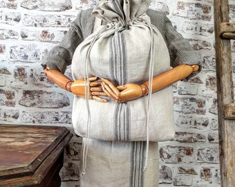 Burlap linen laudry bag, beige striped grain sack bag, reusable storage bag with handmade cord, large laundry bag, large raw linen ditty bag