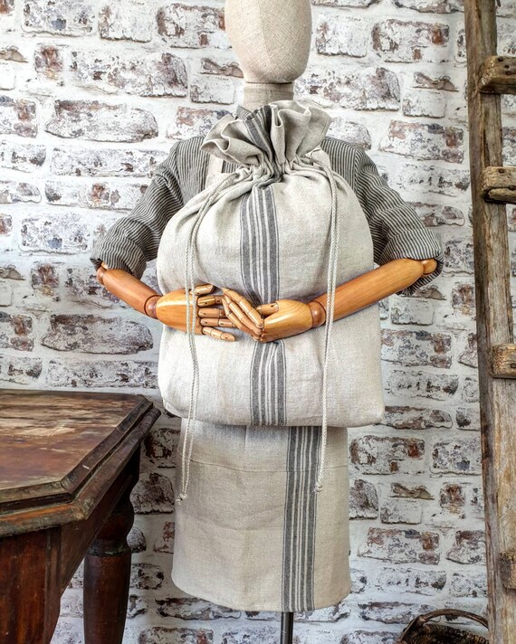 Burlap Linen Laudry Bag Beige Striped Grain Sack Bag 