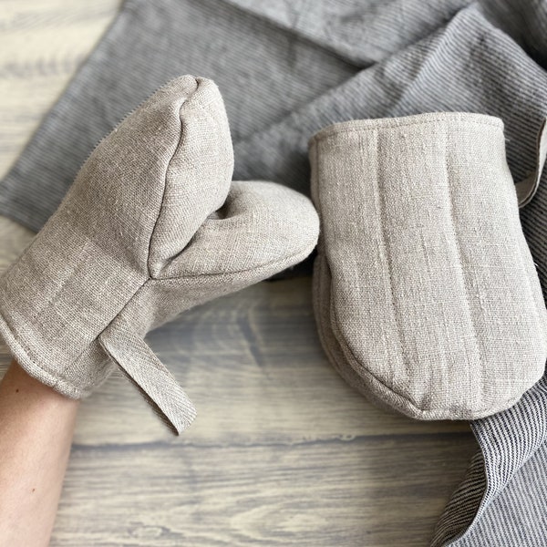 Rough linen oven gloves set of 2, linen mitts set of 2