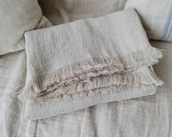 Waffle linen blanket, fringed rustic linen blanket, undyed linen blanket, beige linen throw beach wrap, fringed raw linen throw, linen cover