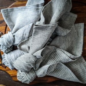 Striped linen kitchen towel, striped dining tea towel, linen dishcloth, raw linen blue black stripe kitchen towel, natural rustic tea towel