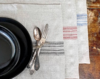 Rough linen placemats set "Burlap" style, wide hem mitered corners rustic linen placemats, soft washed linen dinning vintage table placemats