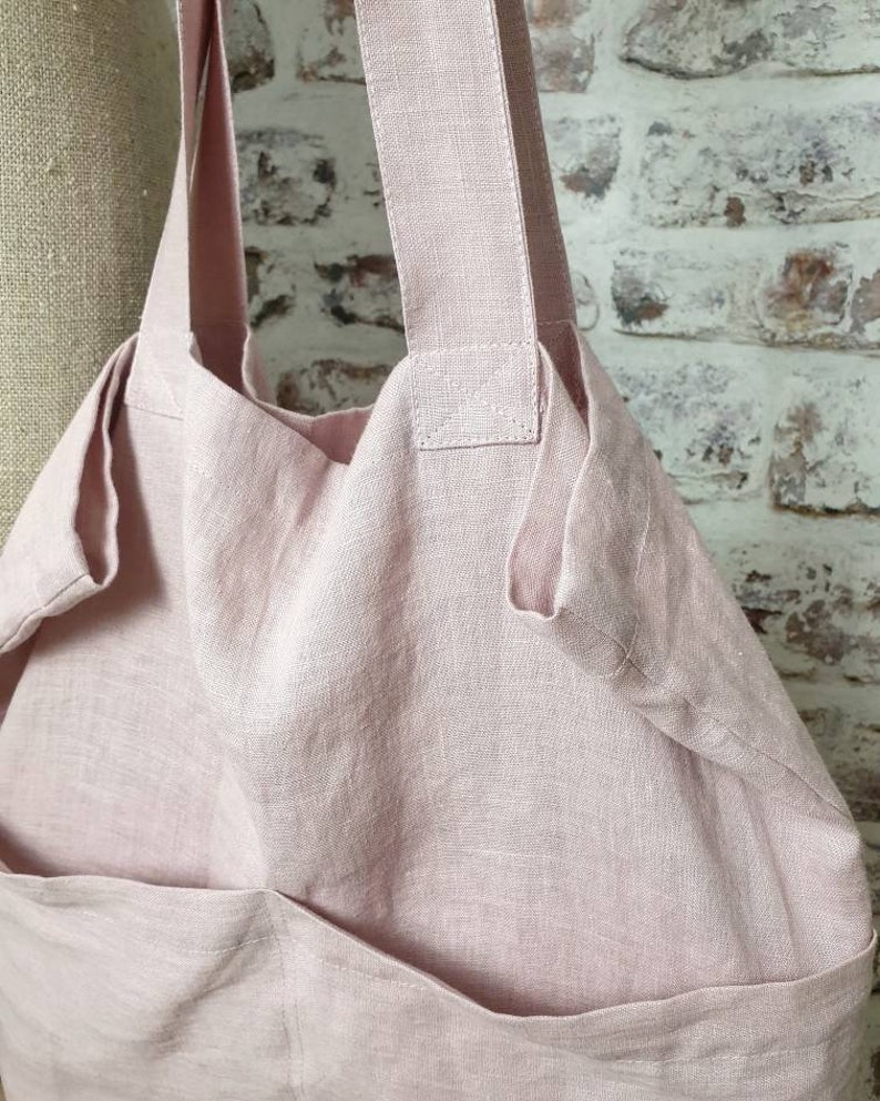 Natural linen tote bag, black mint white denim red yellow rust pink linen shopping bag, oversized linen beach bag, market bag, reusable bag image 7