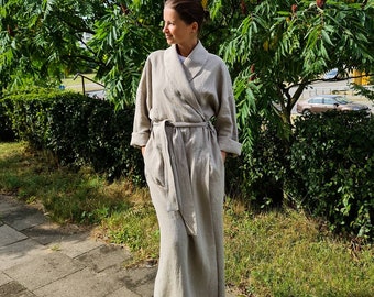 Rough linen robe, natural linen kimono robe, stonewashed rustic linen beige long robe, raw linen clothes, washed linen bathrobe