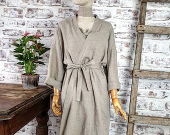 Washed linen bath robe, natural linen kimono robe, stonewashed linen white black beige green long robe, raw linen clothes, linen bathrobe