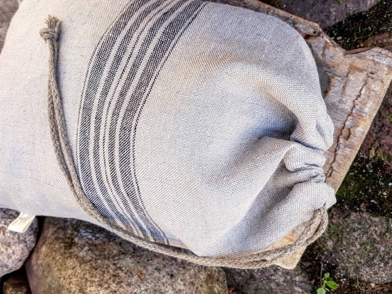 Rustic linen bread bag, grain sack style striped linen bread loaf bag with handmade flax cord organic vegan food storage bag, raw linen sack image 10